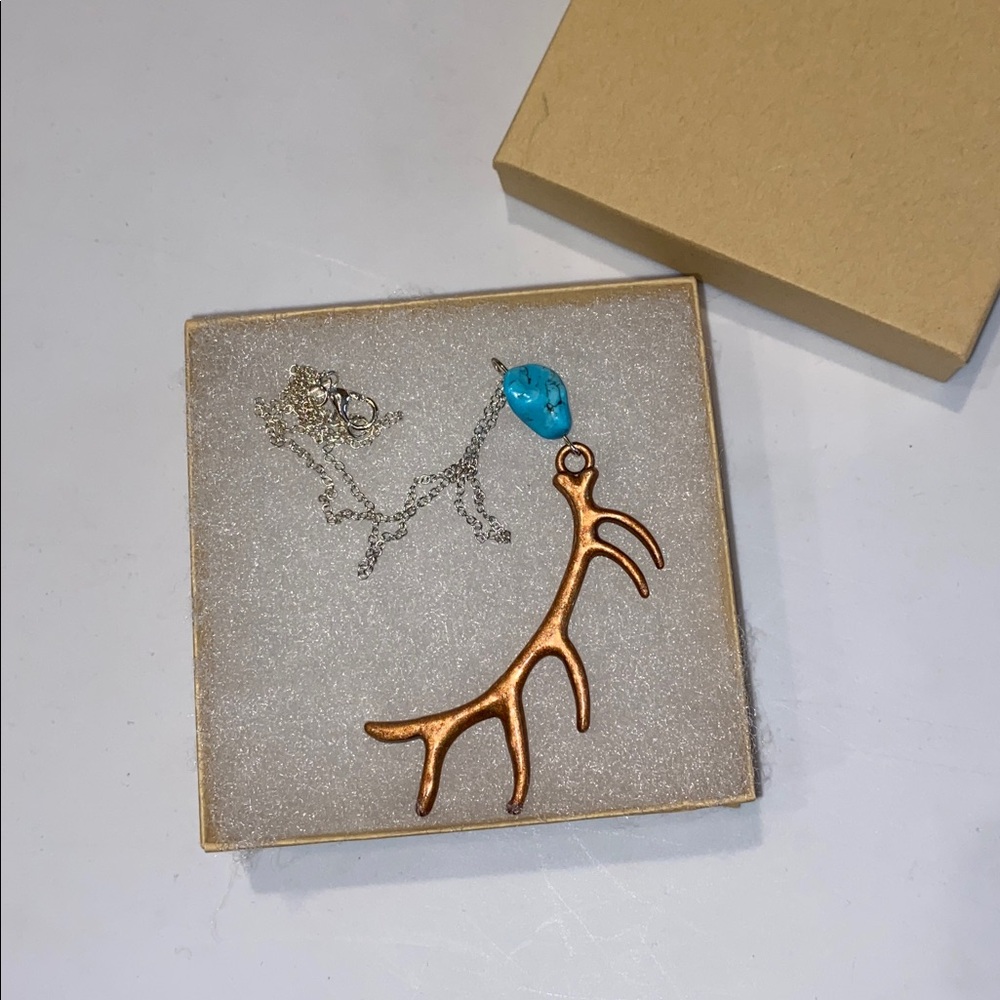 Handmade Gold Elk Antler Necklace with Blue Stone New in Box